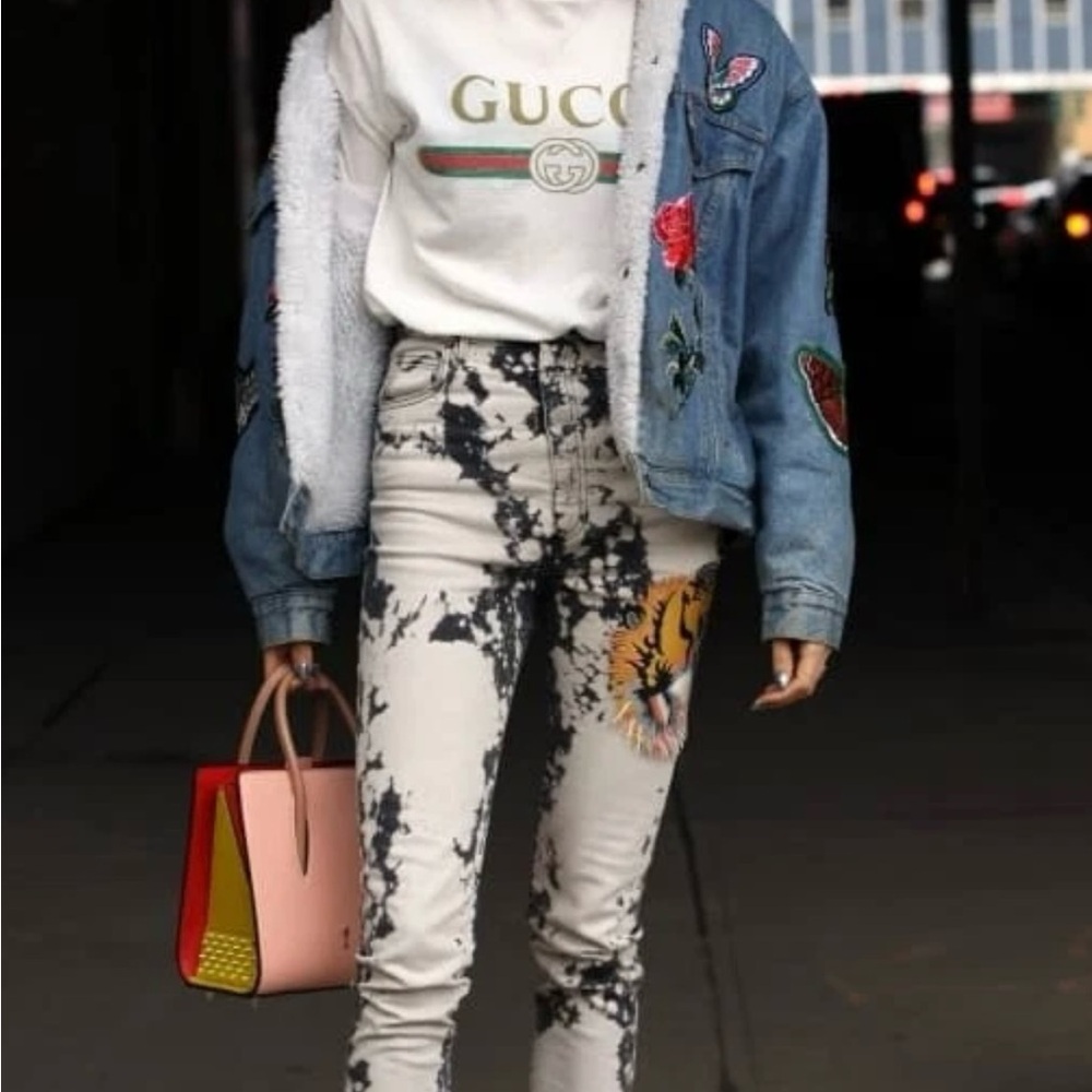 Gucci Tiger  Flower Embroidered Bleached Denim Jeans 29